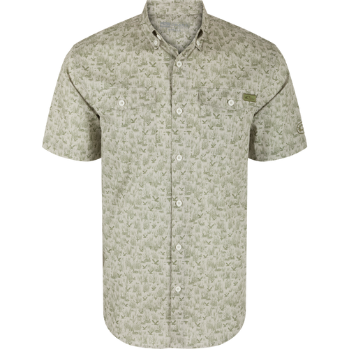 Men's Cotton Marsh Print Short Sleeve Shirt with marsh-grass print, two button-flap chest pockets, and a traditional button-down collar, ideal for outdoor activities.