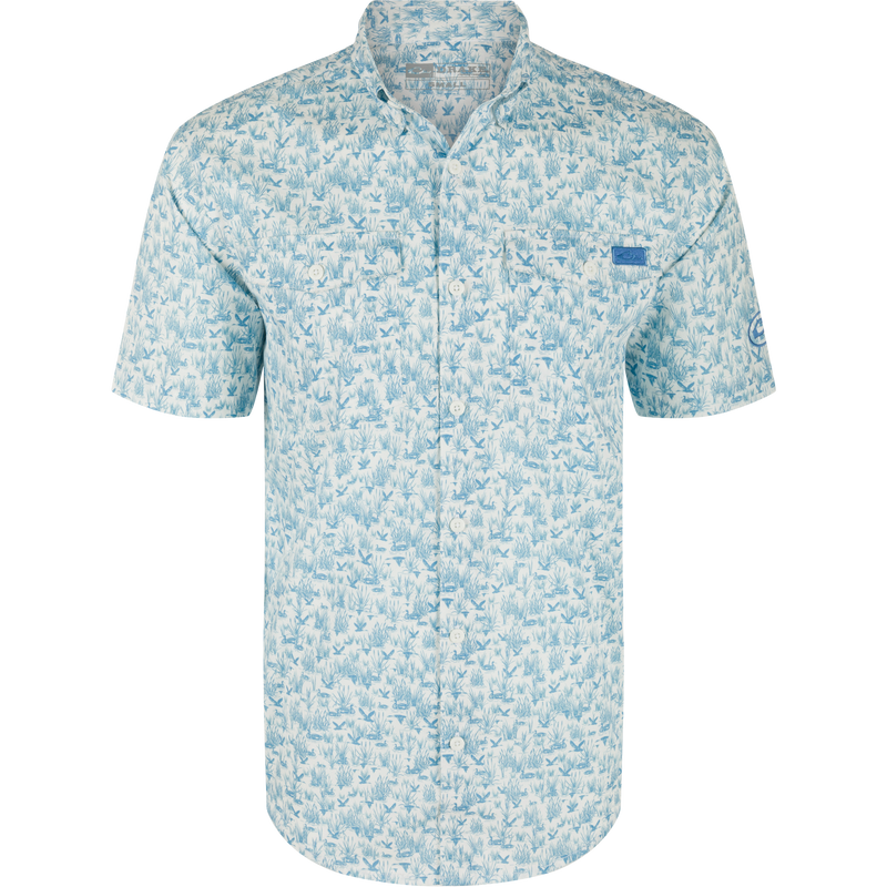 Cotton Marsh Print Short Sleeve Shirt featuring light-blue nature print, button-down collar, chest pockets, and sculpted hem, displayed on a hanger, embodying Purewhitelaneshop's casual style.