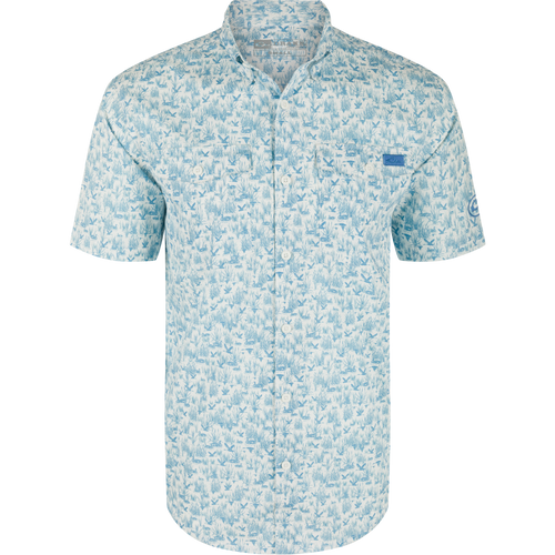 Cotton Marsh Print Short Sleeve Shirt featuring light-blue nature print, button-down collar, chest pockets, and sculpted hem, displayed on a hanger, embodying Purewhitelaneshop's casual style.