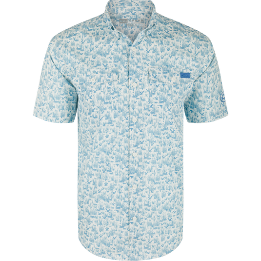 Cotton Marsh Print Short Sleeve Shirt featuring light-blue nature print, button-down collar, chest pockets, and sculpted hem, displayed on a hanger, embodying Purewhitelaneshop's casual style.