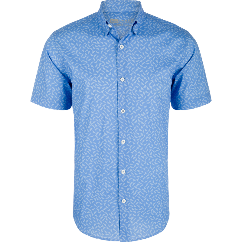 Cotton Lab Print Short Sleeve Shirt featuring a white bird design, soft cotton blend, hidden button-down collar, and sculpted hem for versatile styling.