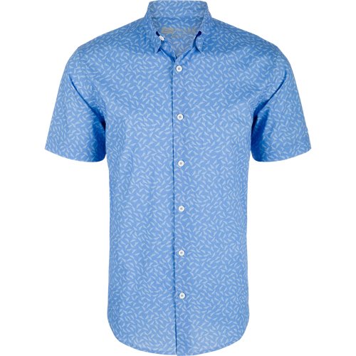 Cotton Lab Print Short Sleeve Shirt featuring a white bird design, soft cotton blend, hidden button-down collar, and sculpted hem for versatile styling.