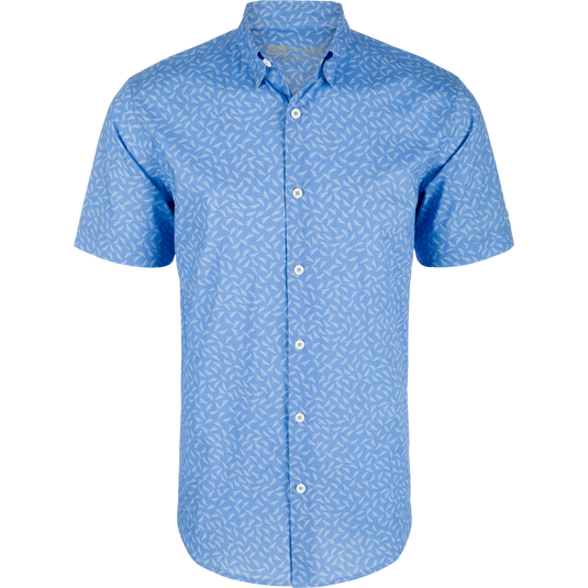 Cotton Lab Print Short Sleeve Shirt featuring a white bird design, soft cotton blend, hidden button-down collar, and sculpted hem for versatile styling.