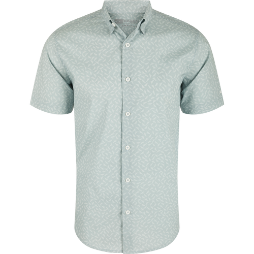 Close-up of the Cotton Lab Print Short Sleeve Shirt featuring a hidden button-down collar, sculpted hem, and soft cotton blend fabric with built-in stretch.