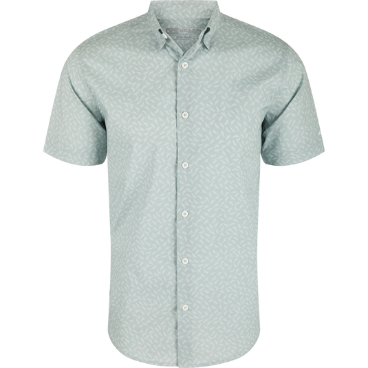 Close-up of the Cotton Lab Print Short Sleeve Shirt featuring a hidden button-down collar, sculpted hem, and soft cotton blend fabric with built-in stretch.