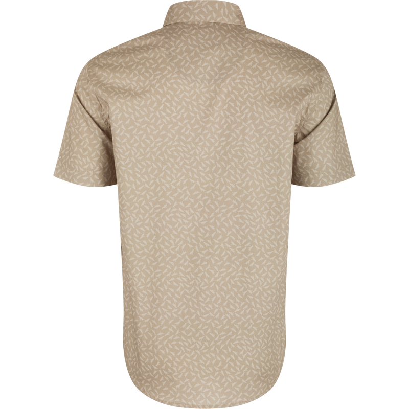 Back view of the Cotton Lab Print Short Sleeve Shirt, showcasing its classic fit, hidden button-down collar, and sculpted hem for versatile styling.
