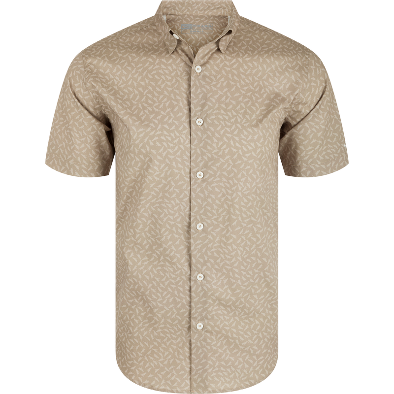 Cotton Lab Print Short Sleeve Shirt with hidden button-down collar, close-up showing soft cotton blend poplin fabric, perfect for versatile styling in casual or professional settings.
