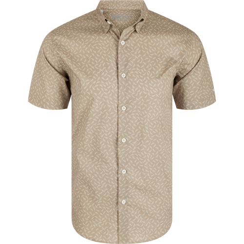 Cotton Lab Print Short Sleeve Shirt with hidden button-down collar, close-up showing soft cotton blend poplin fabric, perfect for versatile styling in casual or professional settings.