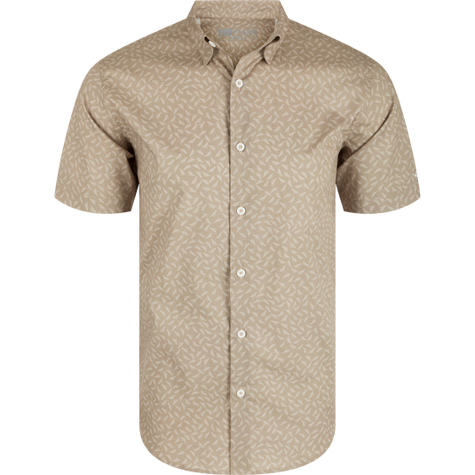 Cotton Lab Print Short Sleeve Shirt with hidden button-down collar, close-up showing soft cotton blend poplin fabric, perfect for versatile styling in casual or professional settings.