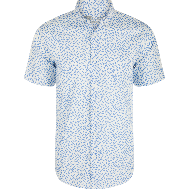 Cotton Lab Print Short Sleeve Shirt featuring a blue bird pattern, crafted from soft cotton blend poplin with a classic fit and hidden button-down collar.