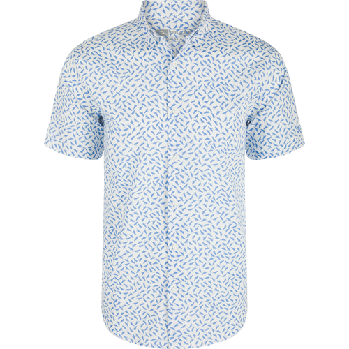 Cotton Lab Print Short Sleeve Shirt featuring a blue bird pattern, crafted from soft cotton blend poplin with a classic fit and hidden button-down collar.