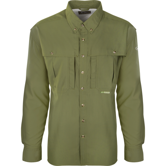 Flyweight Wingshooter's Shirt L/S featuring buttons, collar, and Magnattach™ vertical chest pocket, designed for breathability and quick-drying, ideal for warm-weather outdoor activities.