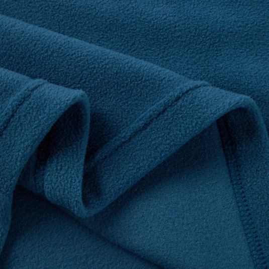 Close-up of the Eqwader Half Zip Pullover, highlighting the fuzzy blue-teal fleece fabric with visible seam, showcasing its comfort and performance-enhancing features for waterfowl hunting.
