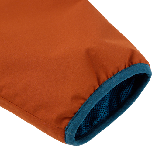 Eqwader Half Zip Pullover sleeve close-up, showcasing rust-orange fabric with teal elastic, breathable mesh lining, ideal for waterfowl hunters seeking comfort and performance.