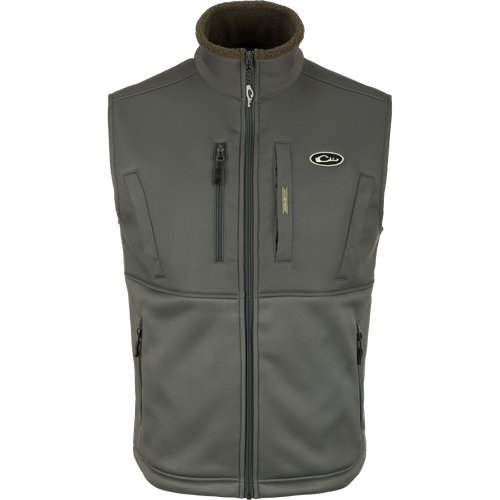 Hole Shot Solid Vest with zippers, windproof upper body, sherpa-lined lower body, handwarmer pockets, and adjustable waist. Perfect for cold weather protection and comfort.