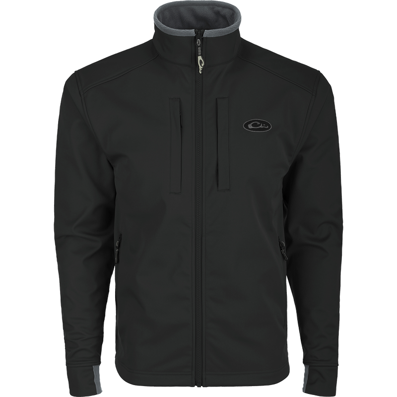 A black Windproof Soft Shell Jacket with logo, zippered pockets, pit zips, and drawcord waist. 100% polyester shell and bonded grid fleece lining.