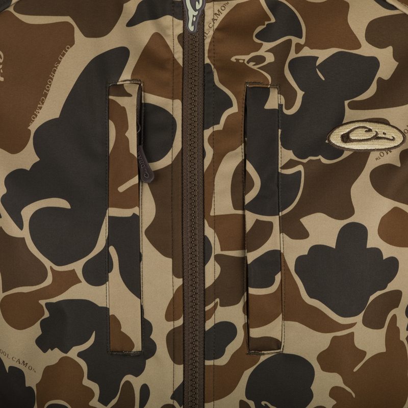 Close-up of the Camo Windproof Softshell Jacket, highlighting the zipper, fabric texture, and chest pockets for convenient storage.