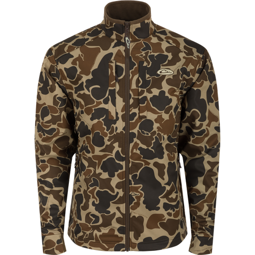 Camo Windproof Softshell Jacket with chest and slash pockets, drawcord waist, zippered side pockets, and stretch cuffs, designed for wind and water resistance.
