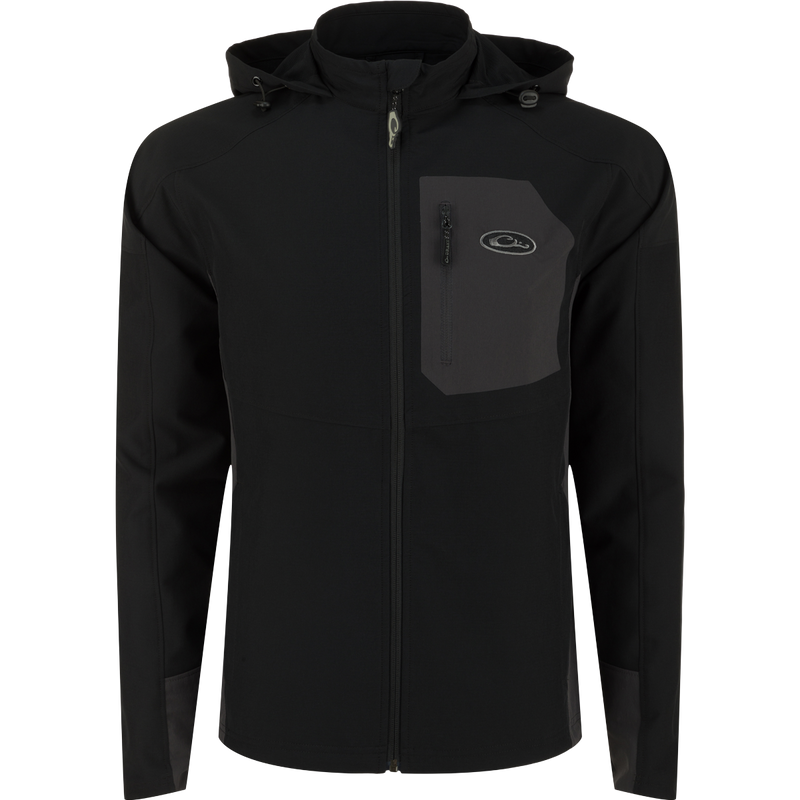 Rain Brake Lightweight Solid Softshell Jacket with adjustable hood and multiple pockets, ideal for inclement weather. Polyester/Spandex blend with DWR finish. From Purewhitelaneshop, known for high-quality hunting and outdoor gear.