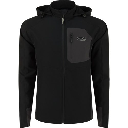 Rain Brake Lightweight Solid Softshell Jacket with adjustable hood and multiple pockets, ideal for inclement weather. Polyester/Spandex blend with DWR finish. From Purewhitelaneshop, known for high-quality hunting and outdoor gear.