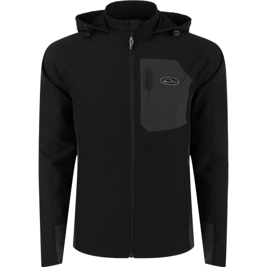 Rain Brake Lightweight Solid Softshell Jacket with adjustable hood and multiple pockets, ideal for inclement weather. Polyester/Spandex blend with DWR finish. From Purewhitelaneshop, known for high-quality hunting and outdoor gear.