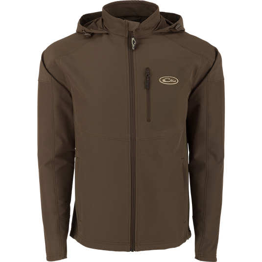 Rain Brake Lightweight Solid Softshell Jacket by Drake Men's, a high-quality hunting essential. Polyester/Spandex blend with DWR finish. Adjustable hood and hem, YKK zippers, and internal pockets for versatility.