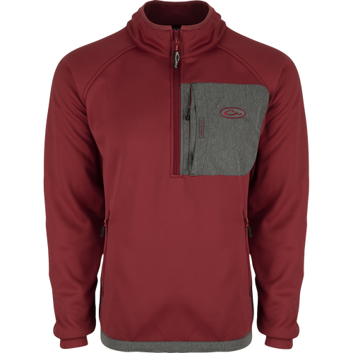 Endurance 1/4 Zip Pullover: Red and grey jacket with raglan sleeves and zippered slash pockets for keys and wallet. Ideal for early to mid-season conditions.