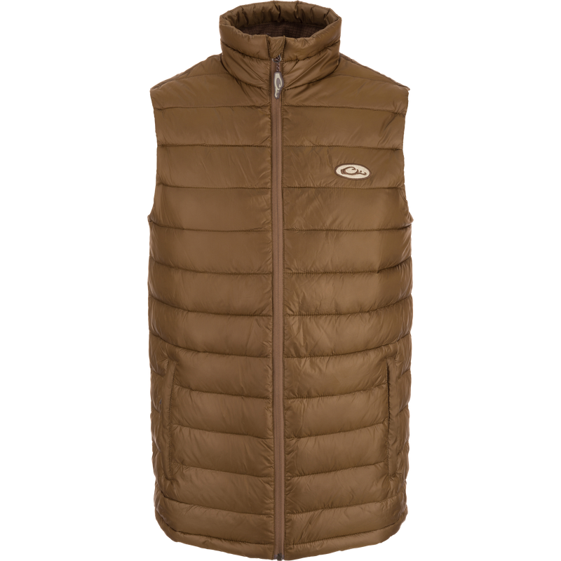 Solid Double-Down Vest featuring a drawcord waist, elastic-banded collar, and YKK zippered pockets, ideal for layering and outdoor activities.