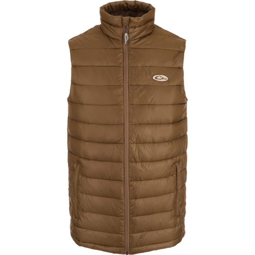 Solid Double-Down Vest featuring a drawcord waist, elastic-banded collar, and YKK zippered pockets, ideal for layering and outdoor activities.