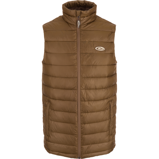 Solid Double-Down Vest featuring a drawcord waist, elastic-banded collar, and YKK zippered pockets, ideal for layering and outdoor activities.