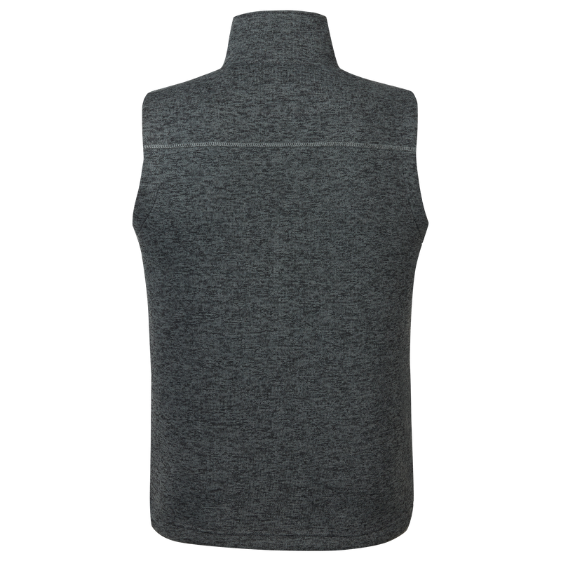 Back view of the Fall Brake Sweater Fleece Vest, featuring a heather-gray knit fabric, stand-up collar, and horizontal seam, ideal for layering in cold weather.