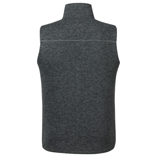 Back view of the Fall Brake Sweater Fleece Vest, featuring a heather-gray knit fabric, stand-up collar, and horizontal seam, ideal for layering in cold weather.