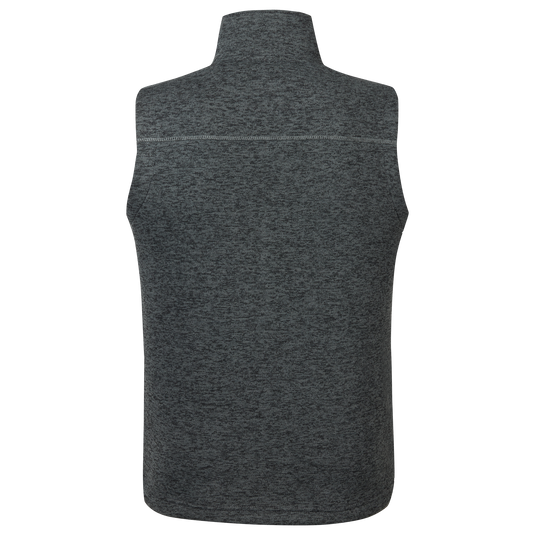 Back view of the Fall Brake Sweater Fleece Vest, featuring a heather-gray knit fabric, stand-up collar, and horizontal seam, ideal for layering in cold weather.