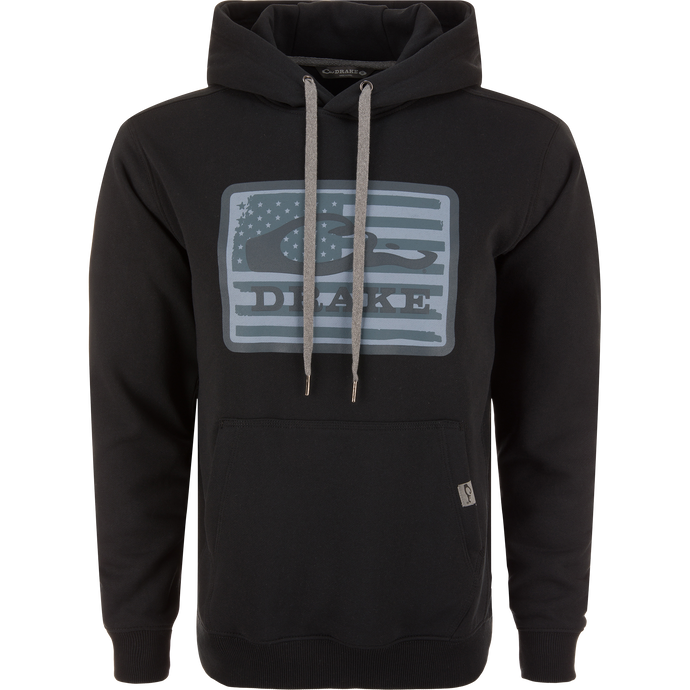 Drake Graphic Work Hoodie with front kangaroo pocket, adjustable drawstring hood, and elastic side panels, showcasing the Drake Work Logo emblem.