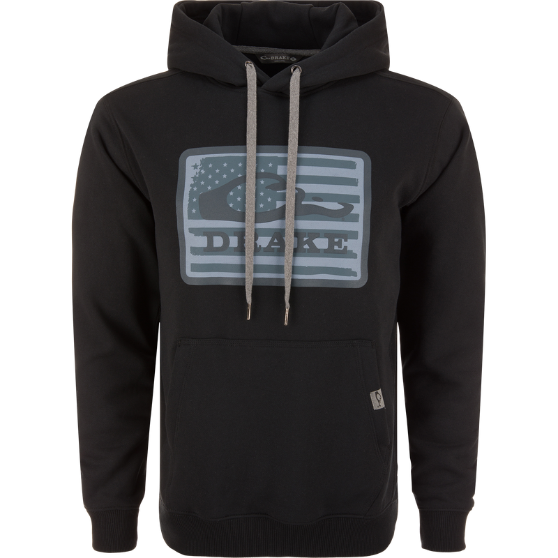 Drake Graphic Work Hoodie with front kangaroo pocket, adjustable drawstring hood, and elastic side panels, showcasing the Drake Work Logo emblem.