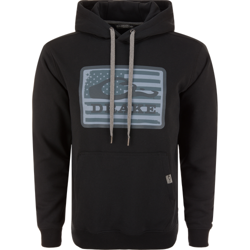 Drake Graphic Work Hoodie with front kangaroo pocket, adjustable drawstring hood, and elastic side panels, showcasing the Drake Work Logo emblem.
