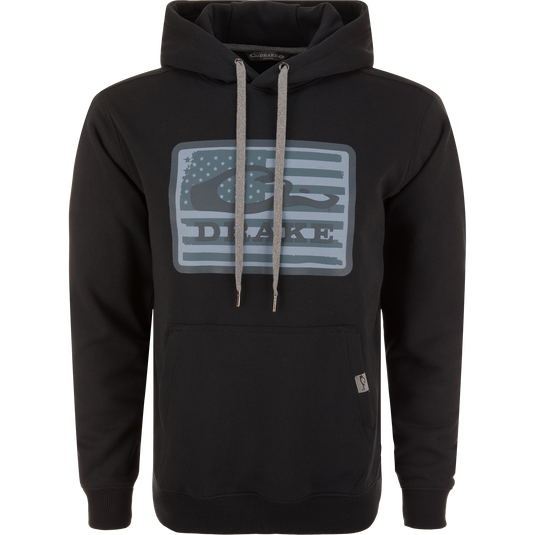 Drake Graphic Work Hoodie with front kangaroo pocket, adjustable drawstring hood, and elastic side panels, showcasing the Drake Work Logo emblem.