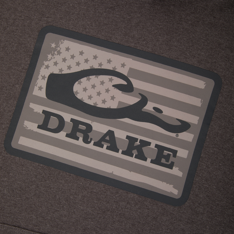 Drake Graphic Work Hoodie featuring a front Drake Work Logo, adjustable drawstring hood, kangaroo pocket, and elastic side panels for comfort and stretch.