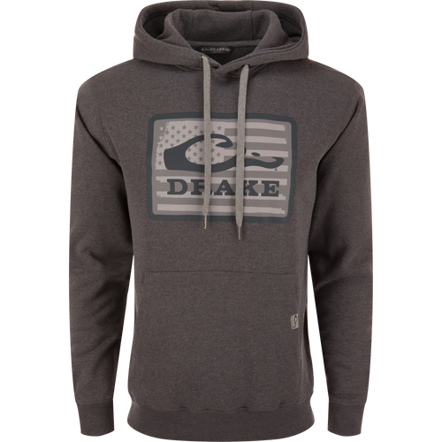 Drake Graphic Work Hoodie with front logo, hood with heavy drawstring, kangaroo pocket, and side panels for flexibility. Constructed from a cotton-polyester blend.