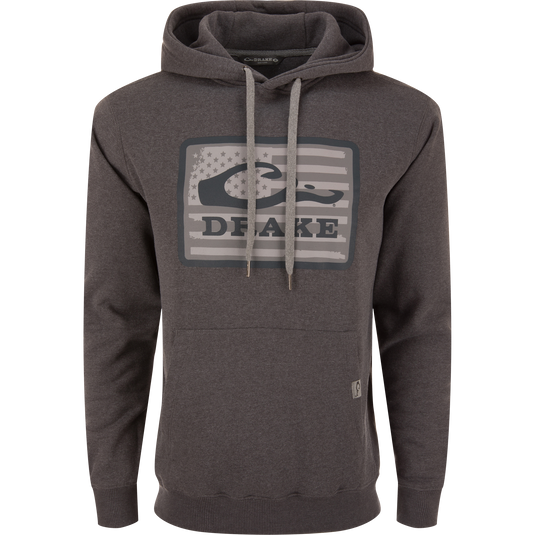Drake Graphic Work Hoodie with front logo, hood with heavy drawstring, kangaroo pocket, and side panels for flexibility. Constructed from a cotton-polyester blend.