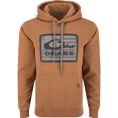 Drake Graphic Work Hoodie with front logo, adjustable hood, kangaroo pocket, and side panels for flexibility, made from a soft cotton-polyester blend.
