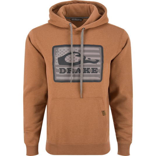 Drake Graphic Work Hoodie with front logo, adjustable hood, kangaroo pocket, and side panels for flexibility, made from a soft cotton-polyester blend.
