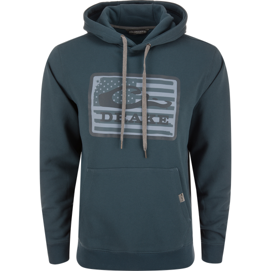 Drake Graphic Work Hoodie with front kangaroo pocket, adjustable drawstring hood, elastic side panels, and Drake Work Logo, ideal for active outdoor wear.