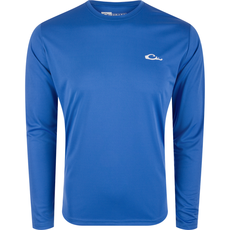 Drake Icon Americana Long Sleeve T-Shirt featuring a white elephant logo, designed for outdoor activities with breathable, quick-drying fabric and UPF 50 protection.