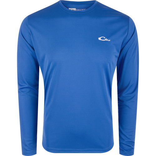 Drake Icon Americana Long Sleeve T-Shirt featuring a white elephant logo, designed for outdoor activities with breathable, quick-drying fabric and UPF 50 protection.