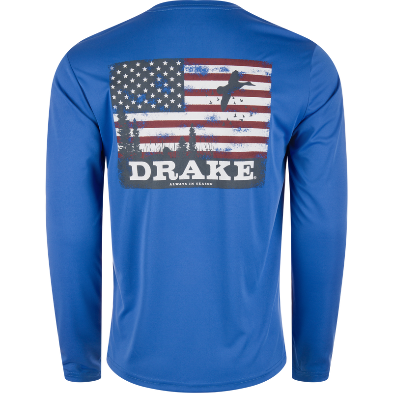 Drake Icon Americana Long Sleeve T-Shirt featuring a back flag design, ideal for outdoor activities with UPF 50 protection and moisture-wicking fabric.