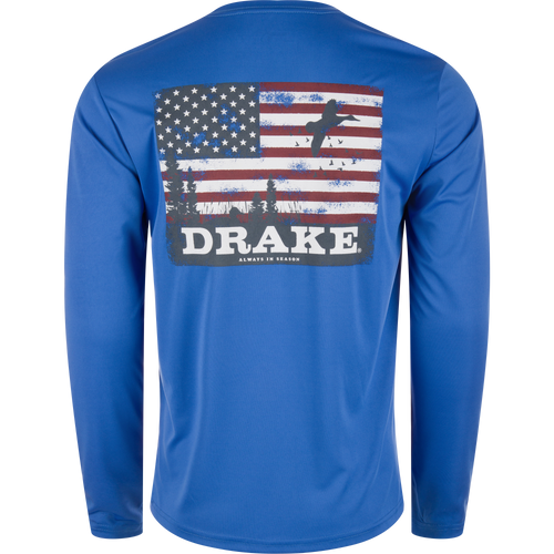 Drake Icon Americana Long Sleeve T-Shirt featuring a back flag design, ideal for outdoor activities with UPF 50 protection and moisture-wicking fabric.