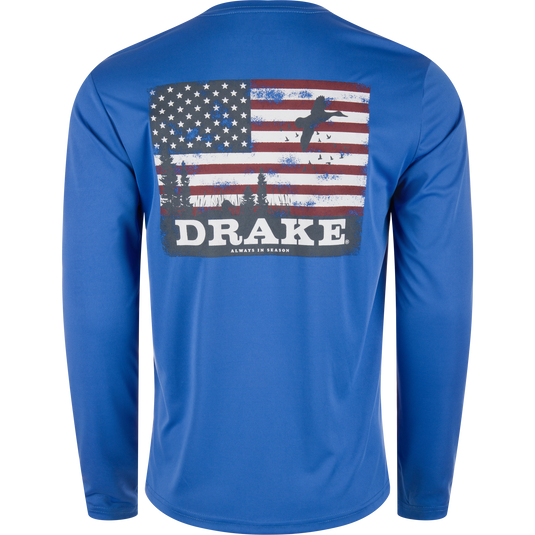 Drake Icon Americana Long Sleeve T-Shirt featuring a back flag design, ideal for outdoor activities with UPF 50 protection and moisture-wicking fabric.