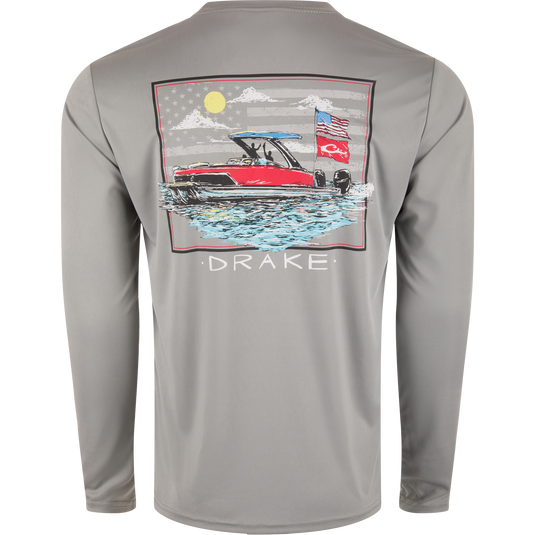 Drake Icon Americana Long Sleeve T-Shirt featuring a boat illustration, ideal for outdoor activities with breathable, quick-drying polyester and UPF 50 protection.