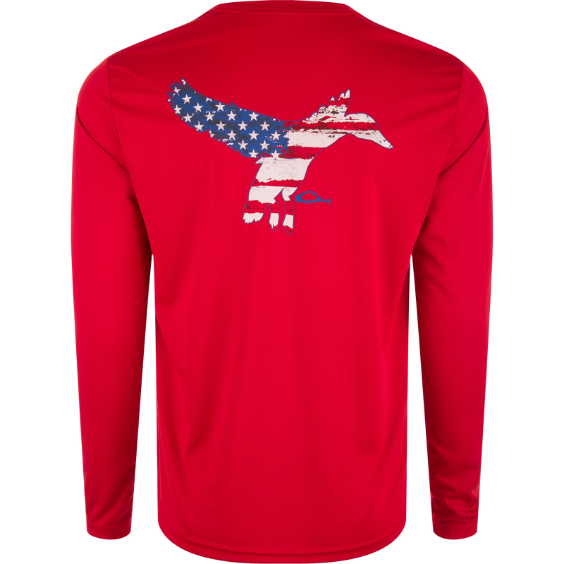 Drake Icon Americana Long Sleeve T-Shirt featuring a bird design, ideal for outdoor activities with its breathable, moisture-wicking polyester fabric.